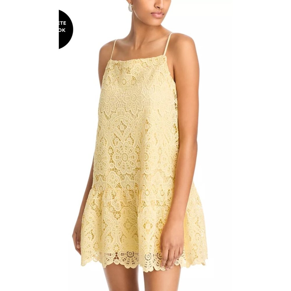 AQUA Yellow Lace Drop Waist Mini Dress XS – Floral Crochet Overlay, Summer Weddi